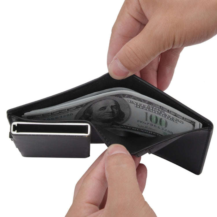 RFID Anti-Theft Short Wallet Automatic Pop-Up Aluminum Alloy Antimagnetic Card Holder(Dark Brown)