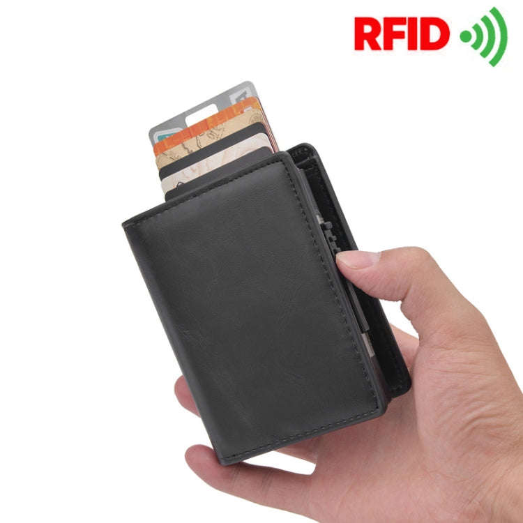 RFID Anti-Theft Short Wallet Automatic Pop-Up Aluminum Alloy Antimagnetic Card Holder(Dark Brown)