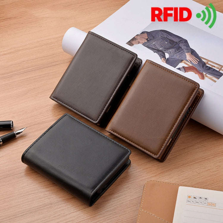 RFID Anti-Theft Short Wallet Automatic Pop-Up Aluminum Alloy Antimagnetic Card Holder(Dark Brown)