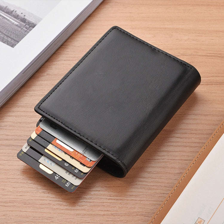 RFID Anti-Theft Short Wallet Automatic Pop-Up Aluminum Alloy Antimagnetic Card Holder(Dark Brown)