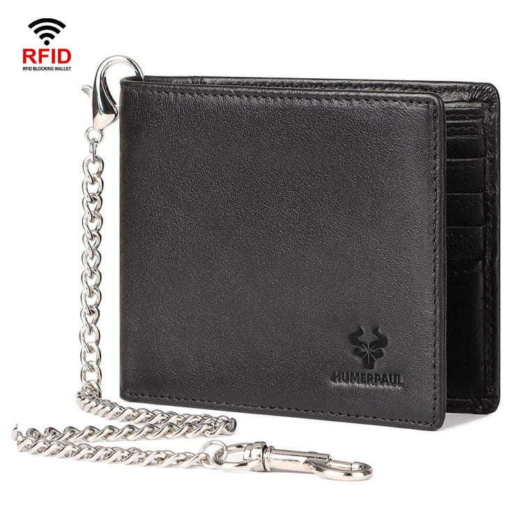 HUMERPAUL RFID Anti-Magnetic Men Pickup Card Bag Metal Chain Short Leather Wallet, Color: Black