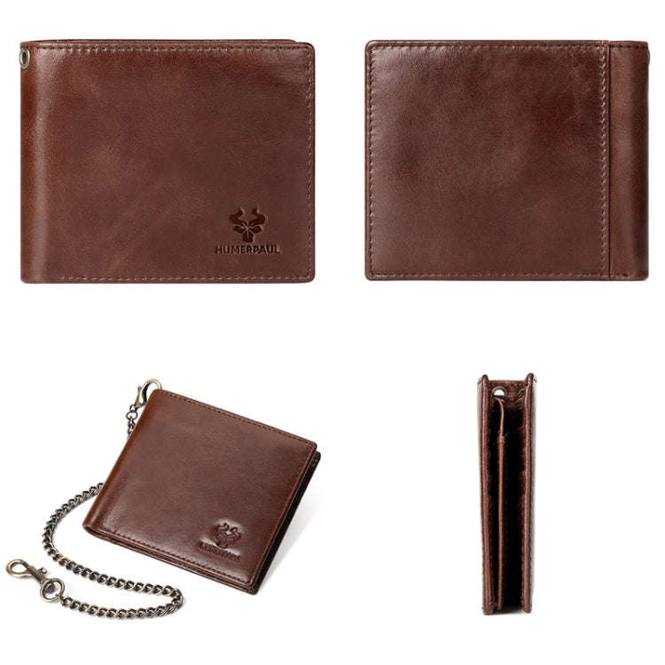 HUMERPAUL RFID Anti-Magnetic Men Pickup Card Bag Metal Chain Short Leather Wallet, Color: Coffee