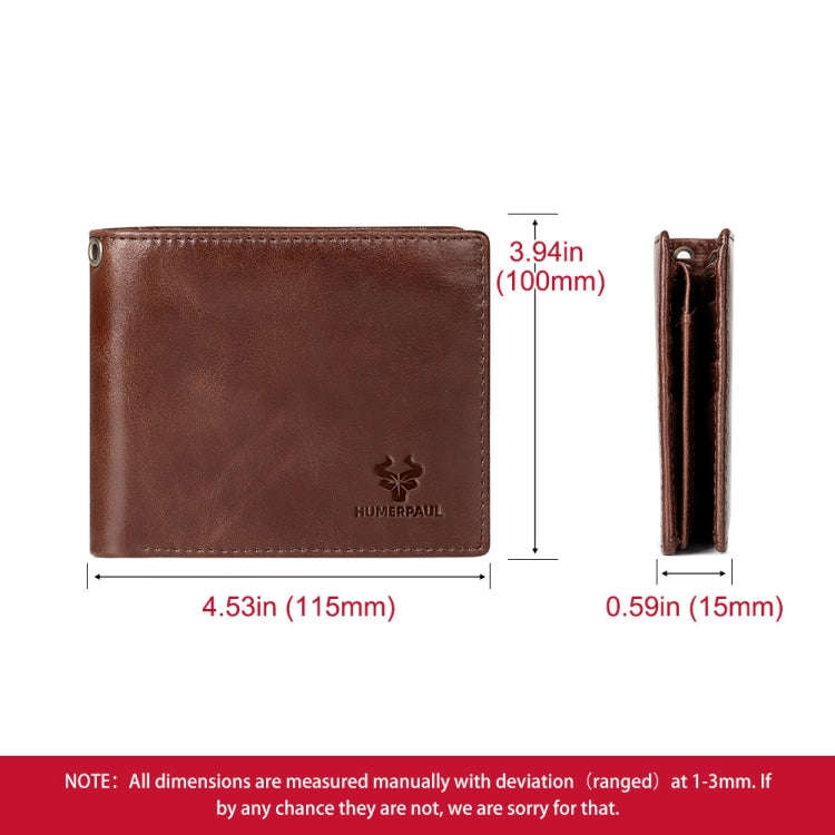 HUMERPAUL RFID Anti-Magnetic Men Pickup Card Bag Metal Chain Short Leather Wallet, Color: Coffee