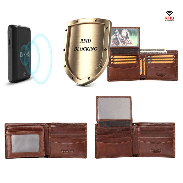 HUMERPAUL RFID Anti-Magnetic Men Pickup Card Bag Metal Chain Short Leather Wallet, Color: Coffee