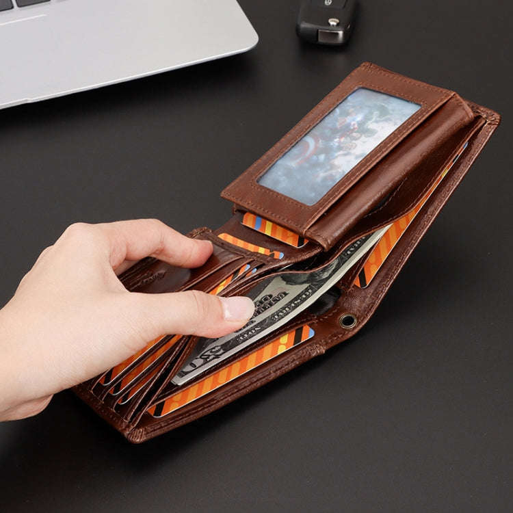 HUMERPAUL RFID Anti-Magnetic Men Pickup Card Bag Metal Chain Short Leather Wallet, Color: Black