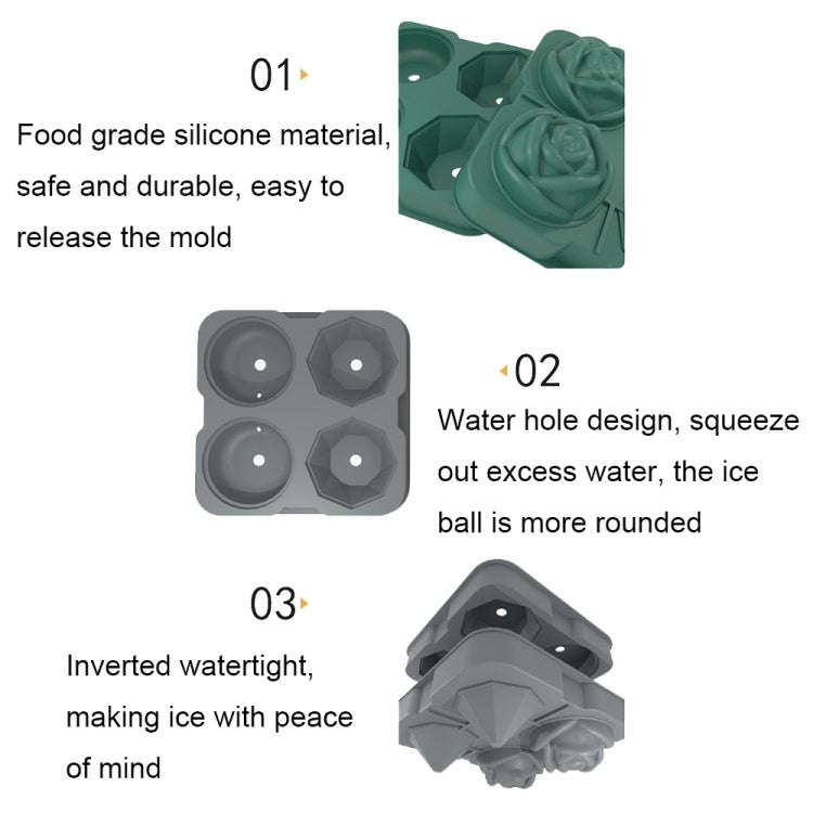 4-Holes Rose Diamond Shape Cocktail Ice Cube Molds Silicone Ice Ball Maker, Color: Gray with Ice ...