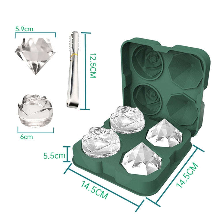 4-Holes Rose Diamond Shape Cocktail Ice Cube Molds Silicone Ice Ball Maker, Color: Dark Green wit...