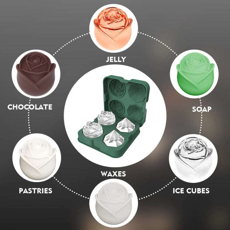 4-Holes Rose Diamond Shape Cocktail Ice Cube Molds Silicone Ice Ball Maker, Color: Dark Green wit...