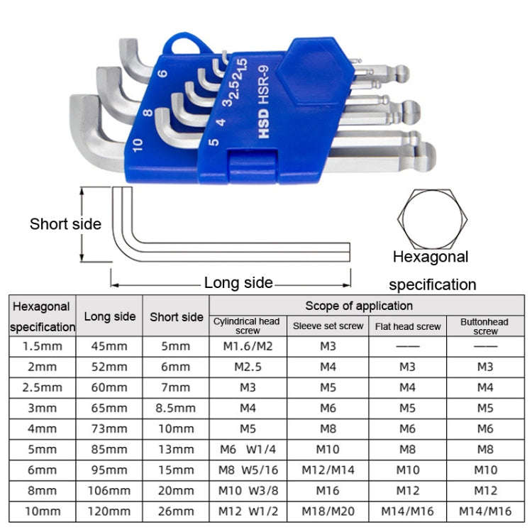 9pcs/set HSD HSR-9 Short Version Short-Side Ball-End Hexagon Wrench Set Tools