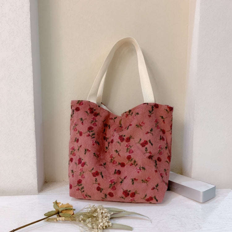 Retro Floral Bag Casual Tote Large Capacity Corduroy Handbag, Style: Red Rose