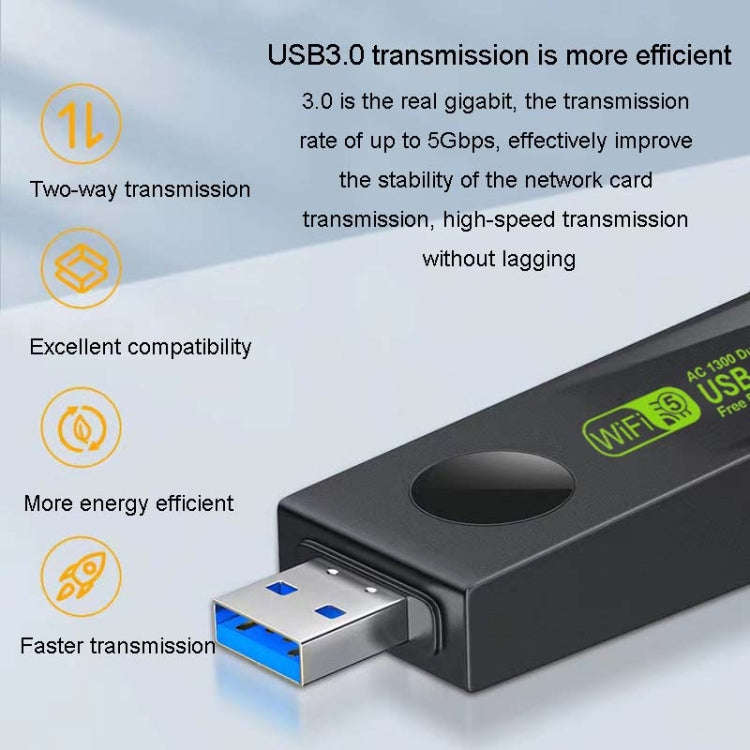 1300Mbps Wireless Network Card Gigabit Dual Band 5G Driverless Computer USB Network Card, Scope: ...