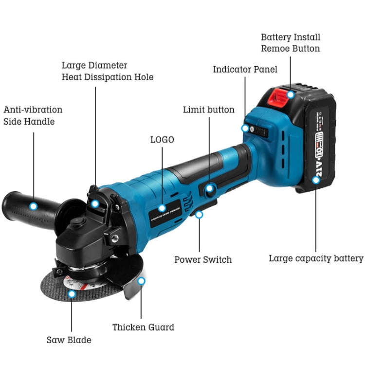HILDA 21V Brushless Angle Grinder Lithium Cutting Machine, Model: 2 Battery+1 Charger US Plug