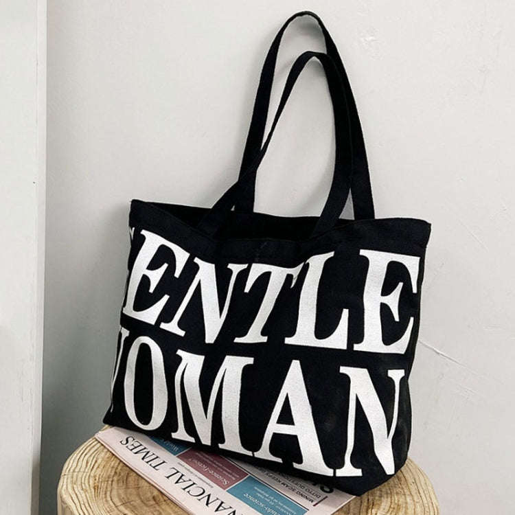 Women Printed Letter Canvas Bag Single Shoulder Tote Bag(Black)