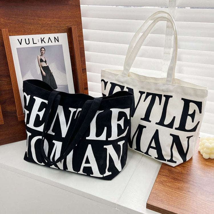 Women Printed Letter Canvas Bag Single Shoulder Tote Bag(Black)