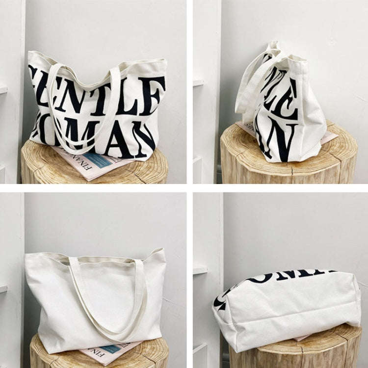 Women Printed Letter Canvas Bag Single Shoulder Tote Bag(Black)