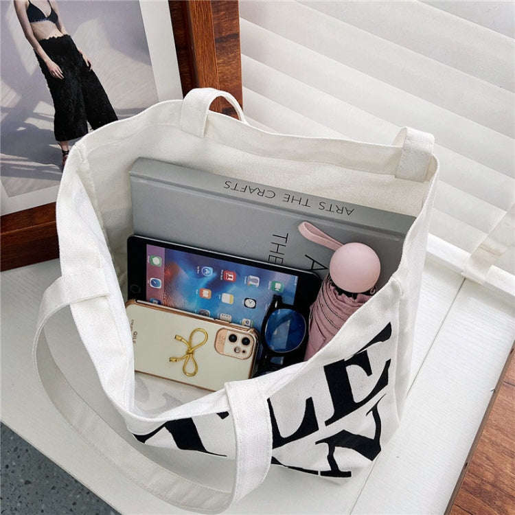 Women Printed Letter Canvas Bag Single Shoulder Tote Bag(Black)
