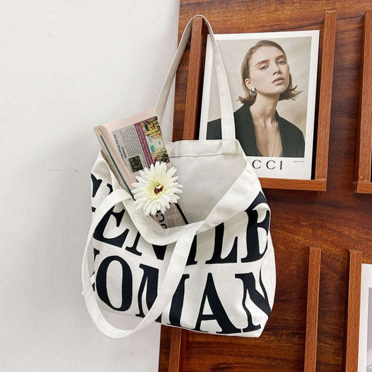 Women Printed Letter Canvas Bag Single Shoulder Tote Bag(Black)