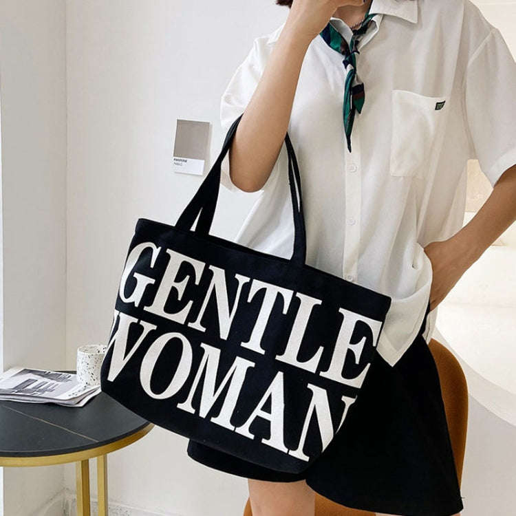 Women Printed Letter Canvas Bag Single Shoulder Tote Bag(Black)