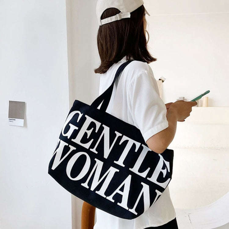 Women Printed Letter Canvas Bag Single Shoulder Tote Bag(Black)