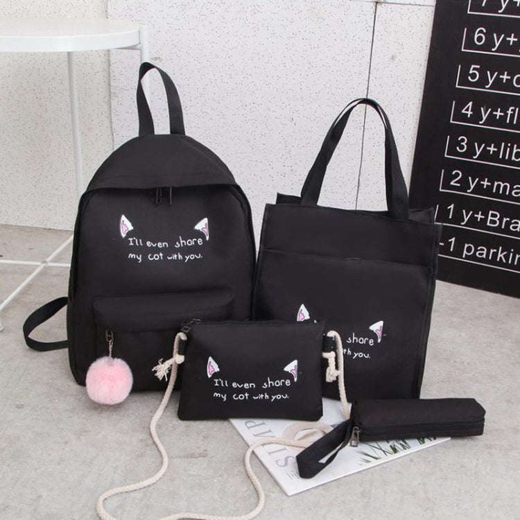 4pcs /Set Student Schoolbag Casual Outdoor Traveling Shoulder Bag(Black)