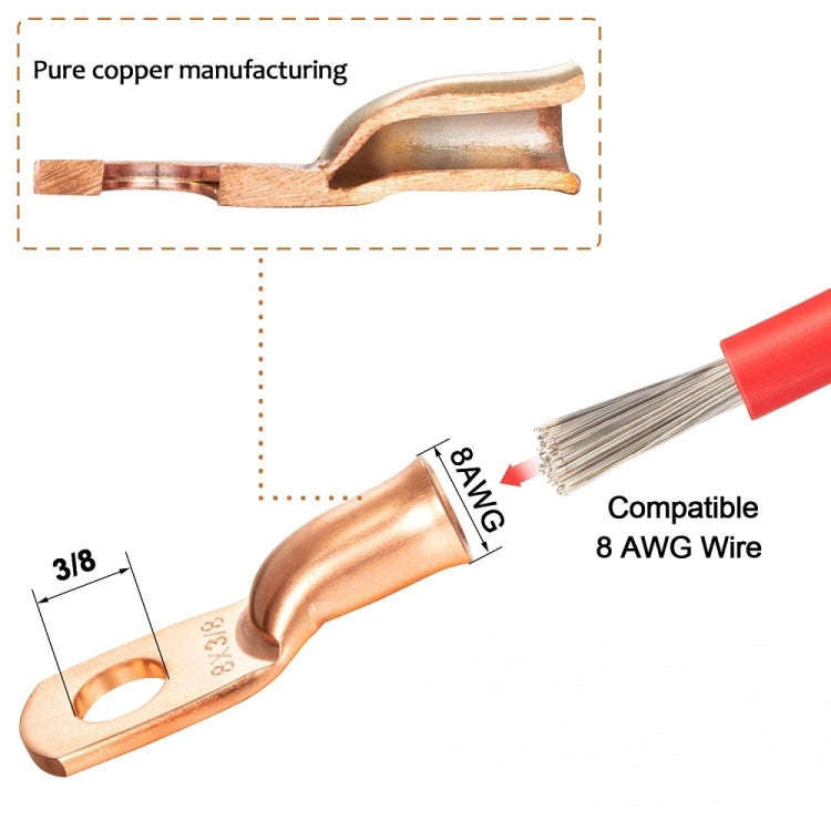 8AWG 3/8" Stud Ring Terminal Solder Cable Bare Copper Hole with Heat Shrink(Single)