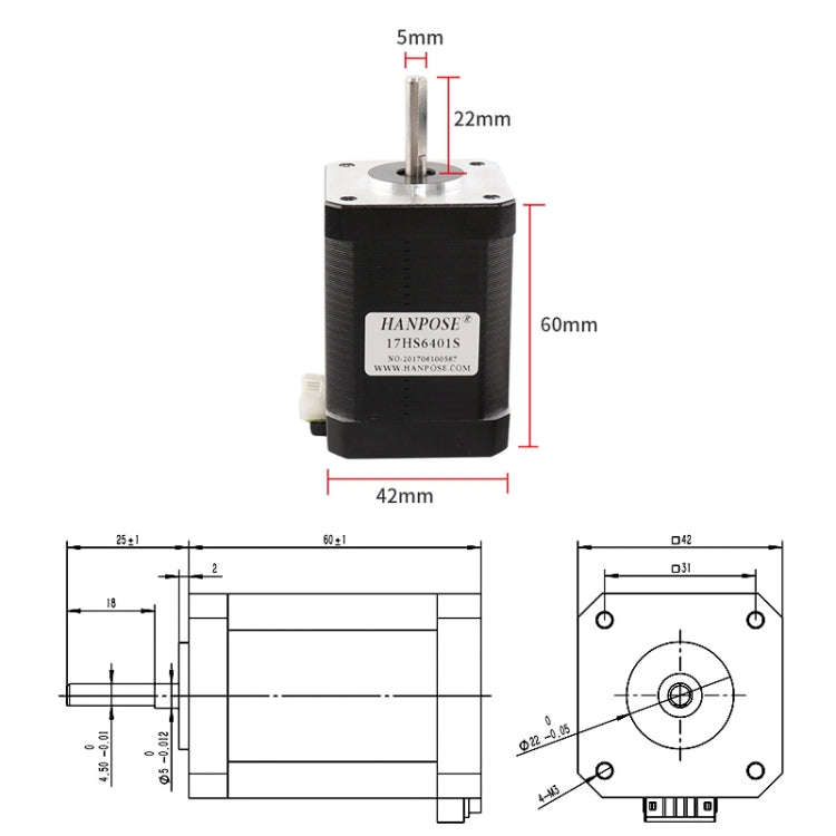 HANPOSE  17HS6401S 12V 1.7A 60mm 70N.cm  4-lead Stepper Motor