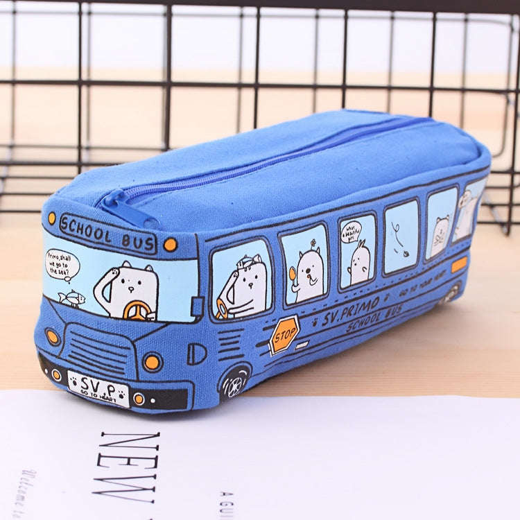 Cartoon Bus Student Stationery Pencil Case Large Capacity Canvas Stationery Box(Blue)