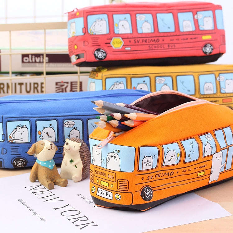 Cartoon Bus Student Stationery Pencil Case Large Capacity Canvas Stationery Box(Blue)