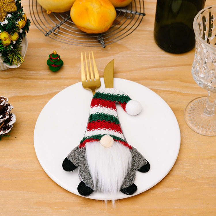 Christmas Table Decoration Cartoon Knitted Striped Knife and Fork Cover(Gray)