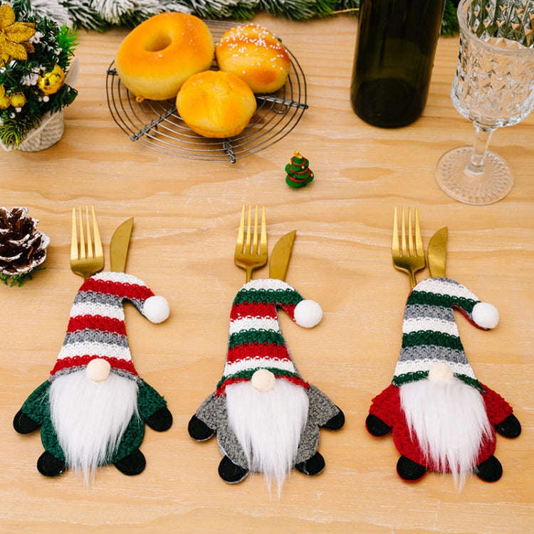 Christmas Table Decoration Cartoon Knitted Striped Knife and Fork Cover(Red)