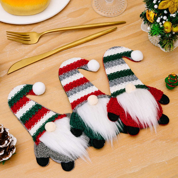 Christmas Table Decoration Cartoon Knitted Striped Knife and Fork Cover(Red)