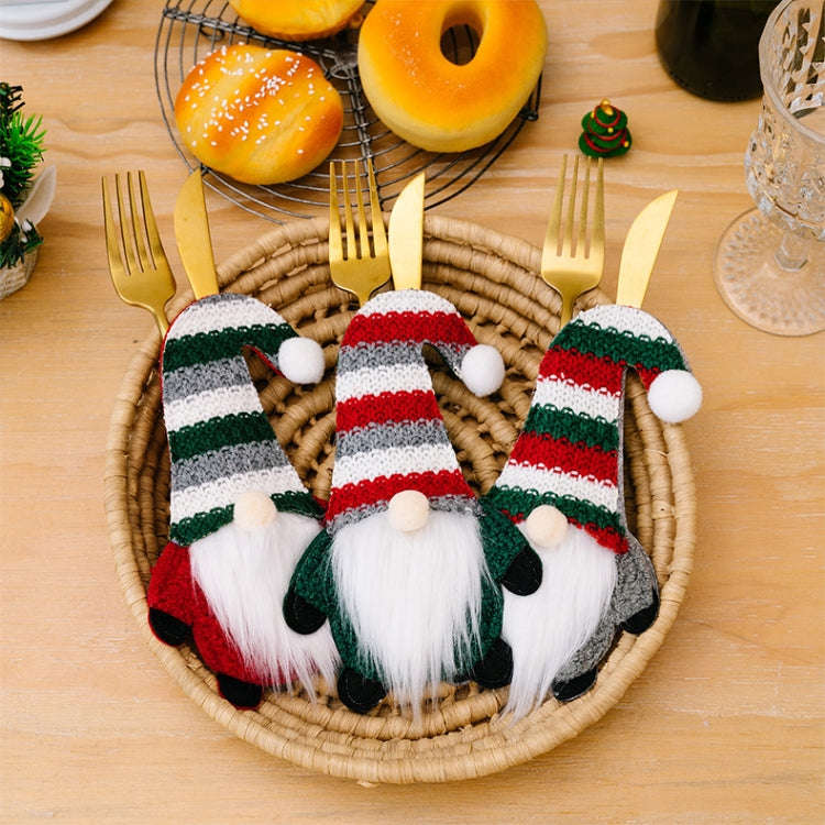 Christmas Table Decoration Cartoon Knitted Striped Knife and Fork Cover(Red)