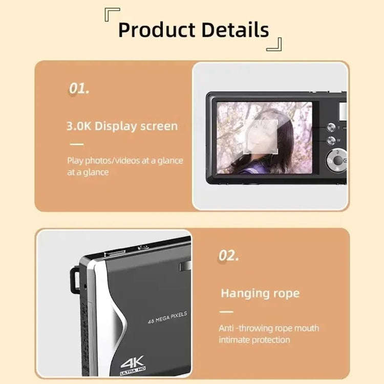 4K HD 3.0-Inch IPS Screen Autofocus HD Digital Camera(Black)