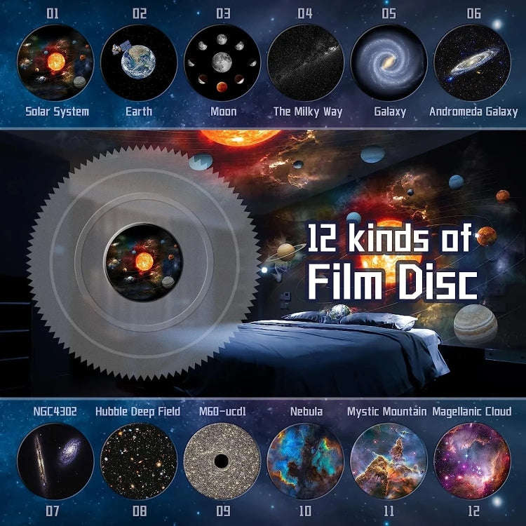 Galaxy Night Light Star Projector LED Table Lamp Children Room Decor With 12pcs Film Disc(White)