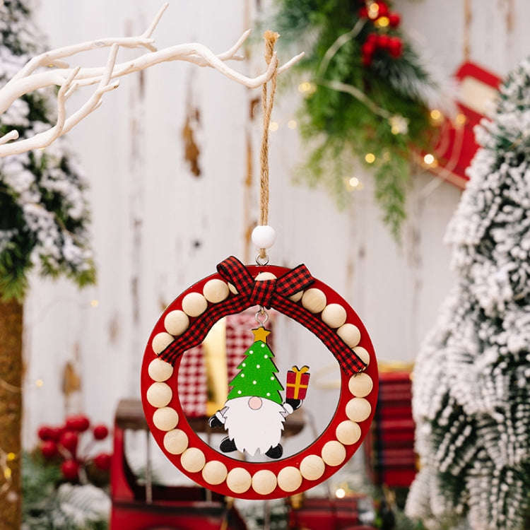 Wooden Wreath Christmas Tree Pendant Round Beaded Christmas Decoration Supplies(Green)