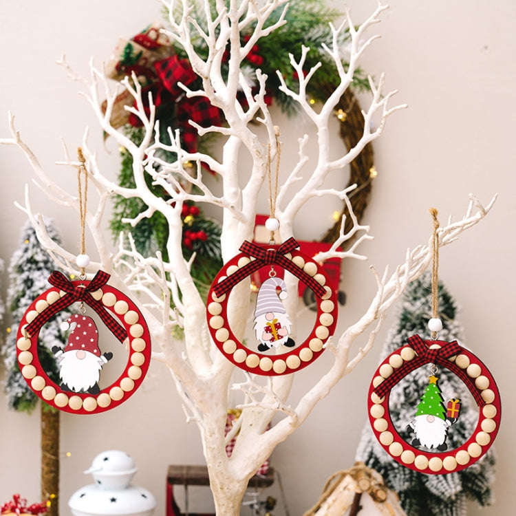 Wooden Wreath Christmas Tree Pendant Round Beaded Christmas Decoration Supplies(Gray)