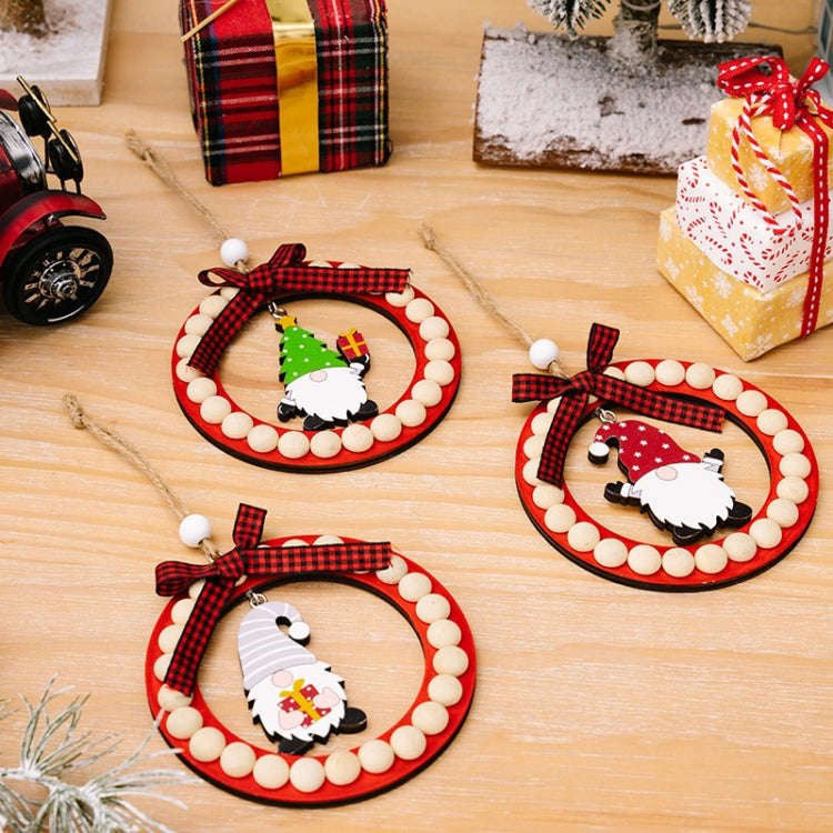 Wooden Wreath Christmas Tree Pendant Round Beaded Christmas Decoration Supplies(Green)