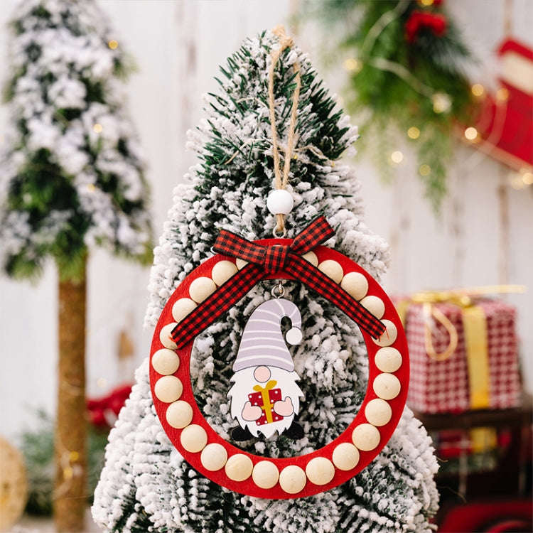 Wooden Wreath Christmas Tree Pendant Round Beaded Christmas Decoration Supplies(Gray)