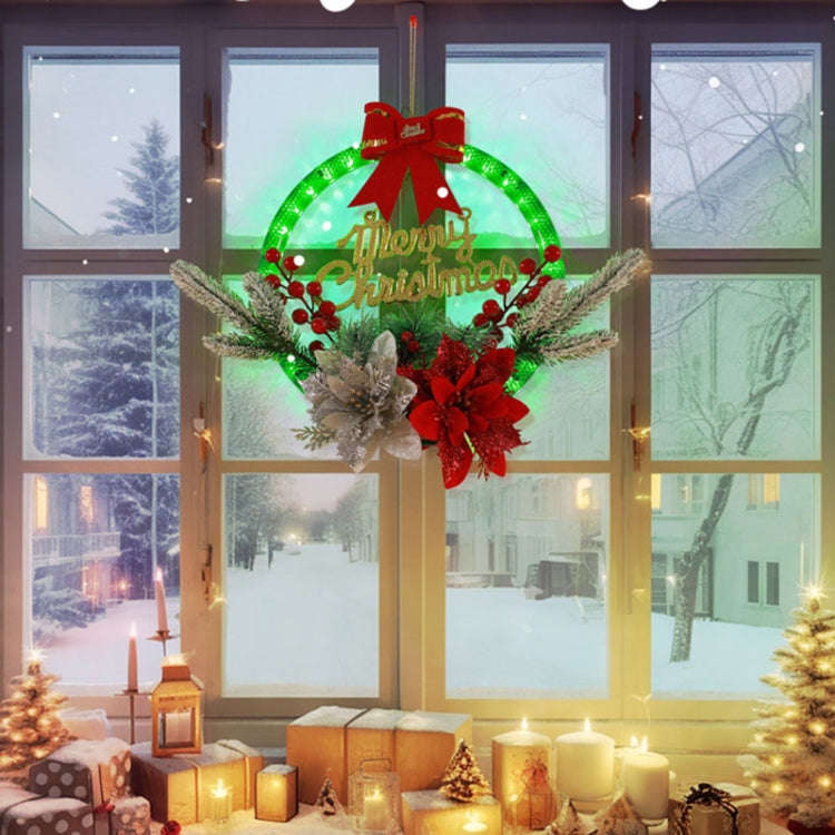 Christmas Wreath Timing Lighting Lights Door Decorations Pine Needle Ornaments Showcase(Red Flower)