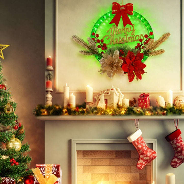 Christmas Wreath Timing Lighting Lights Door Decorations Pine Needle Ornaments Showcase(Red Flower)