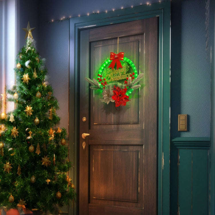 Christmas Wreath Timing Lighting Lights Door Decorations Pine Needle Ornaments Showcase(Red Flower)