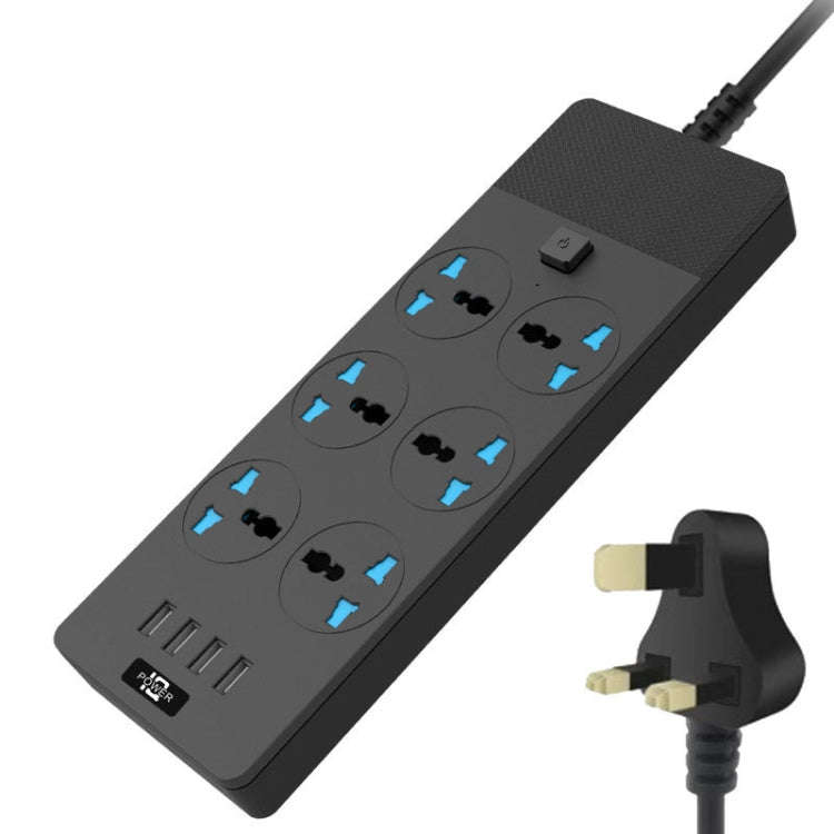 TB-T12 3000W 2m 4-USB Ports + 6-Jacks Multifunctional Flame-Retardant Socket With Switch(UK Plug)