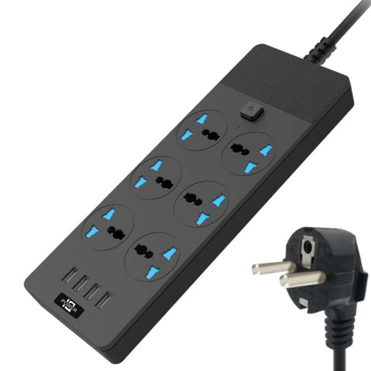 TB-T12 3000W 2m 4-USB Ports + 6-Jacks Multifunctional Flame-Retardant Socket With Switch(EU Plug)