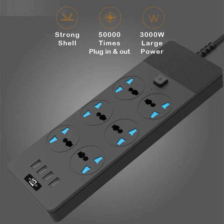 TB-T12 3000W 2m 4-USB Ports + 6-Jacks Multifunctional Flame-Retardant Socket With Switch(US Plug)