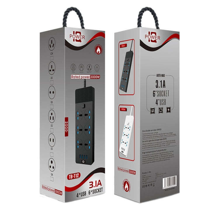 TB-T12 3000W 2m 4-USB Ports + 6-Jacks Multifunctional Flame-Retardant Socket With Switch(US Plug)