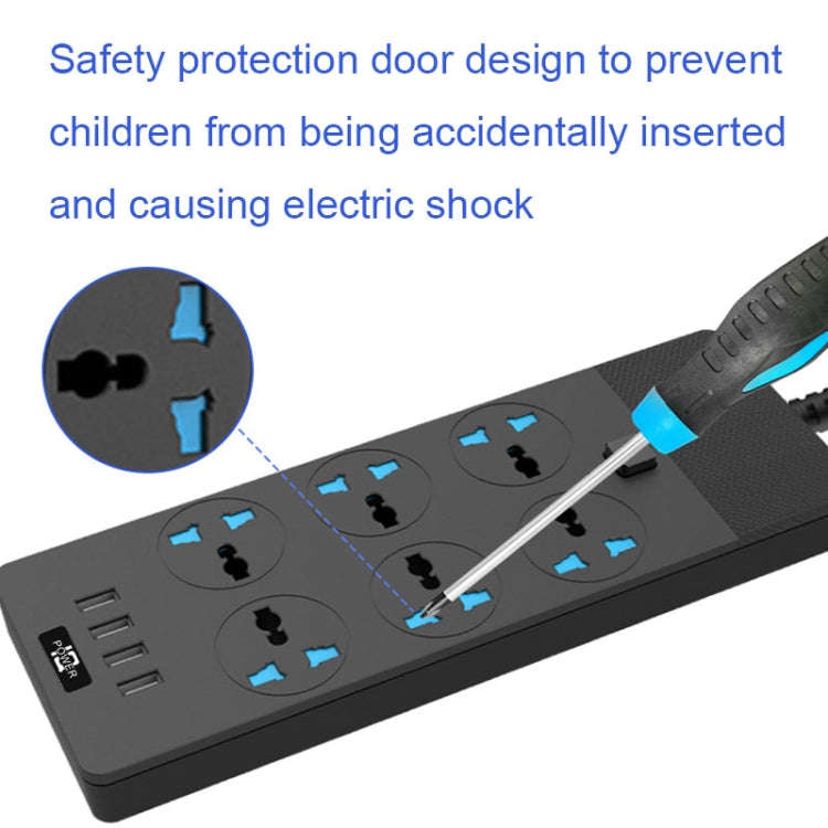 TB-T12 3000W 2m 4-USB Ports + 6-Jacks Multifunctional Flame-Retardant Socket With Switch(US Plug)