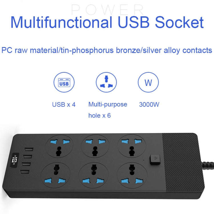 TB-T12 3000W 2m 4-USB Ports + 6-Jacks Multifunctional Flame-Retardant Socket With Switch(US Plug)