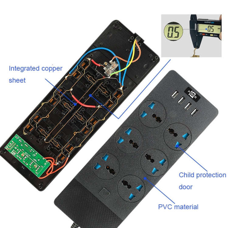TB-T12 3000W 2m 4-USB Ports + 6-Jacks Multifunctional Flame-Retardant Socket With Switch(US Plug)