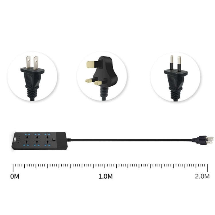 TB-T12 3000W 2m 4-USB Ports + 6-Jacks Multifunctional Flame-Retardant Socket With Switch(US Plug)
