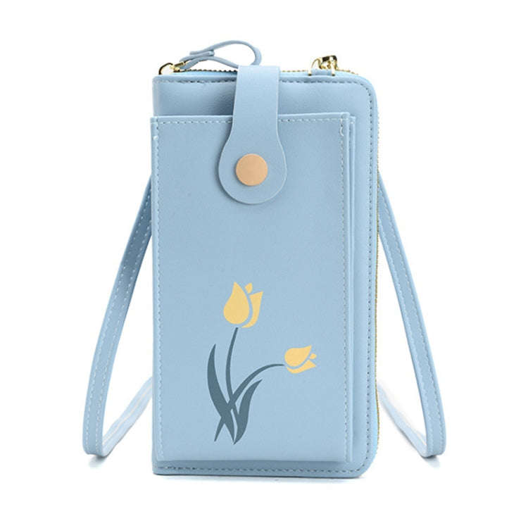 Printed Single Shoulder Crossbody Bag Ladies Long Flower Cell Phone Bag(Blue)